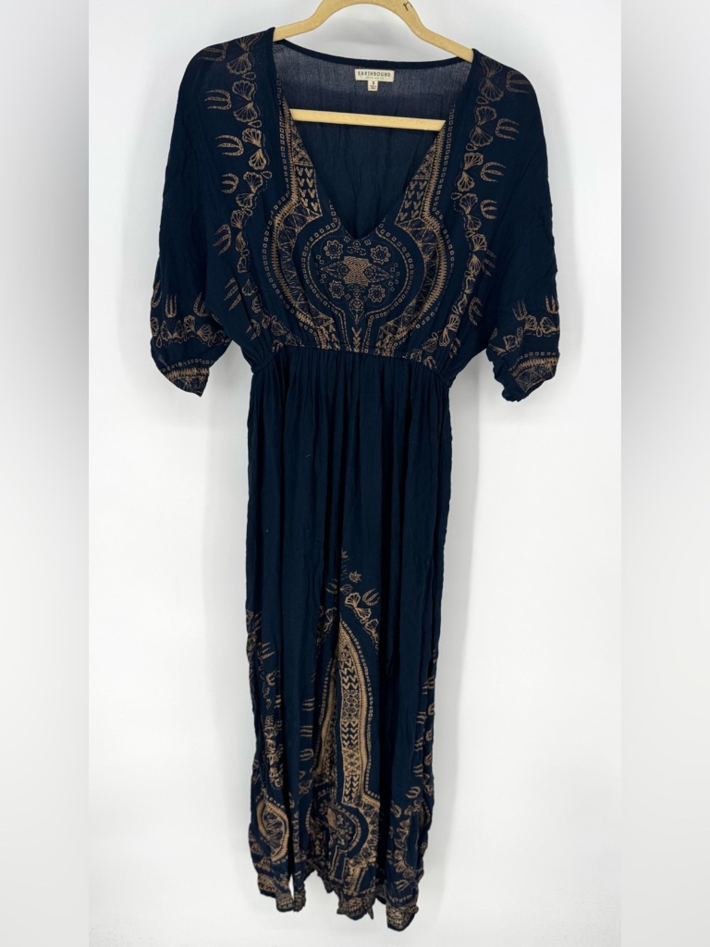 EARTHBOUND bohemian BoHo whimsy Navy Maxi Dress with Gold Detailing small